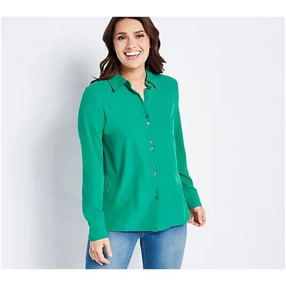 DENIM & CO. NEW $44 Solid Button Front Shirt in Vibrant Green Small - Picture 1 of 3